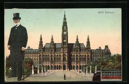 AK Wien, Bürgermeister Carl Lueger und Blick auf Rathaus