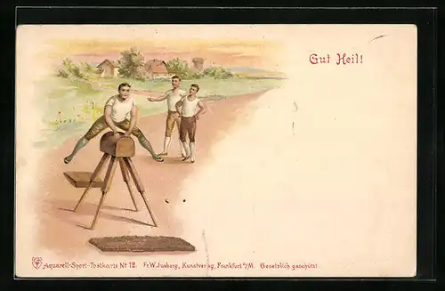 Lithographie Trio beim Bocksprung Üben