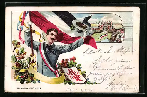 Lithographie Turnfest - Kaiserreichsflagge wird empor gehoben