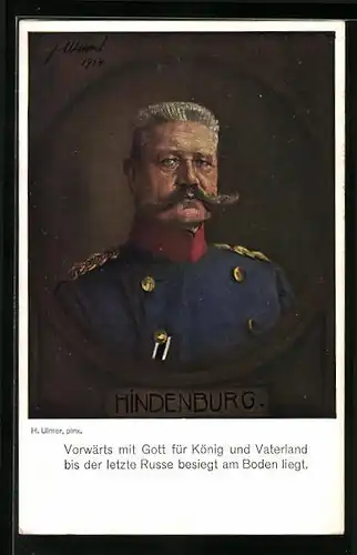 Künstler-AK Generalfeldmarschall Paul von Hindenburg in Uniform mit Eisernem Kreuz