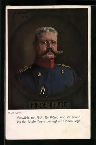 Künstler-AK Generalfeldmarschall Paul von Hindenburg in Uniform mit Eisernem Kreuz