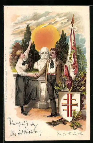 Lithographie Junges Paar vor einer Büste vom Turnvater Jahn