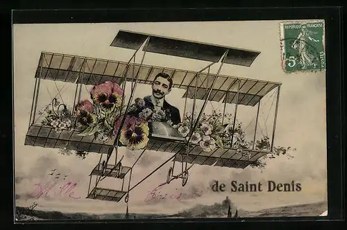 Künstler-AK Saint-Denis, Mann mit Blumen in einem Doppeldecker