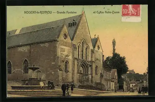 AK Nogent-le-Rotrou, Grande Fontaine et Eglise Notre-Dame