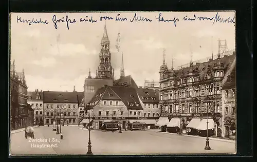 AK Zwickau /Sa., Ansicht Hauptmarkt mit Geschäften und Cafes