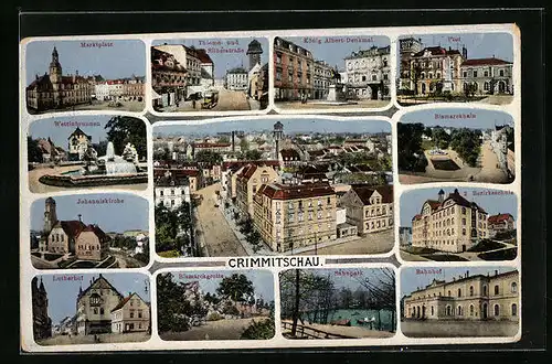 AK Crimmitschau, Ansichten Johanniskirche, Wettinbrunnen und Bahnhof