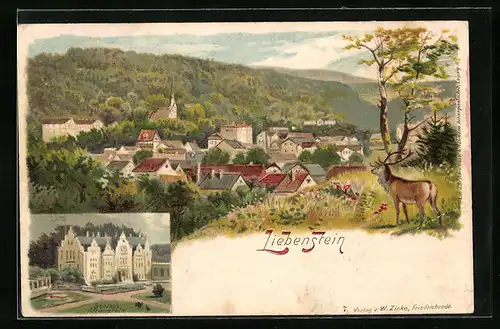 Lithographie Liebenstein, Blick auf Ort mit Schloss Altenstein