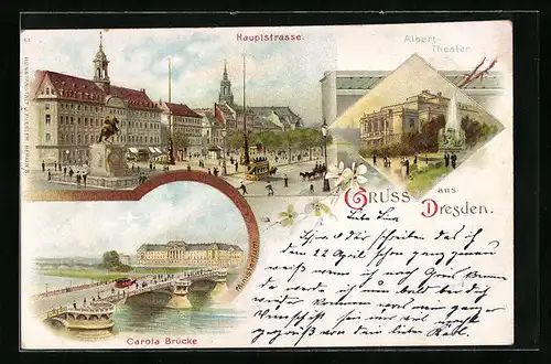 Lithographie Dresden, Ansicht Hauptstrasse, Carola Brücke und Ministerium