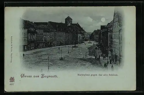 Mondschein-AK Bayreuth, Marktplatz gegen das alte Schloss
