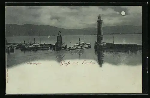 Mondschein-AK Lindau, Hafeneinfahrt mit Leuchtturm