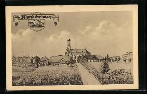 Künstler-AK Maria Steinbach, Ortsansicht mit Kirche und Vieh