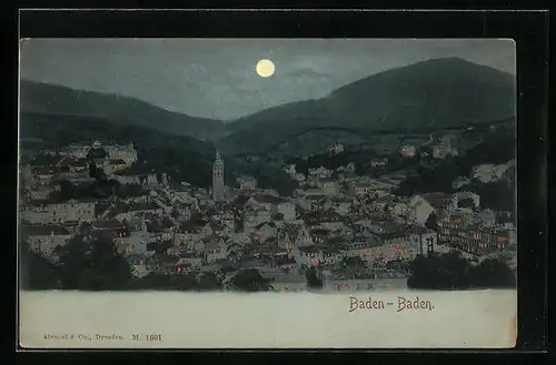 Mondschein-AK Baden-Baden, Totalansicht mit Bergen