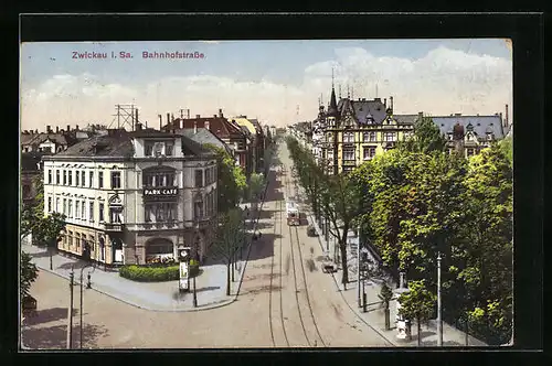 AK Zwickau, Bahnhofstrasse mit Tram