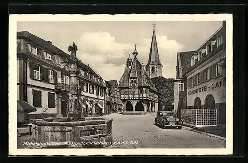 AK Michelstadt /Odenw., Marktplatz mit Rathaus und Brunnen