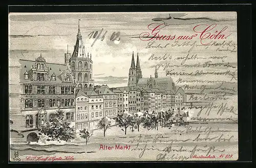 Lithographie Cöln, Alter Markt aus der Vogelschau