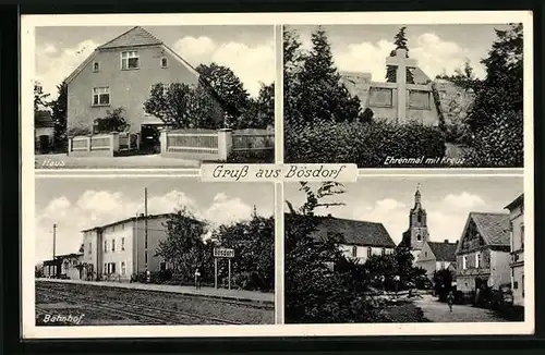 AK Bösdorf, Bahnhof, Ehrenmal mit Kreuz, Strassenpartie