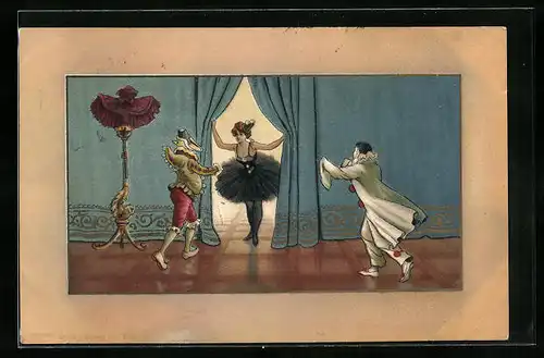 AK Zwei Harlekine werben um eine Kolumbine