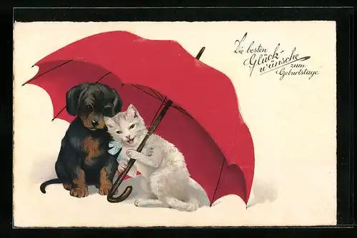 AK Dackel und Katze unterm Schirm gratulieren zum Geburtstag