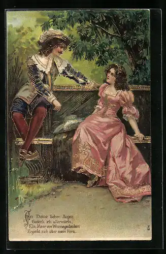Präge-AK Liebespaar, Kavalier und Dame auf einer Gartenbank