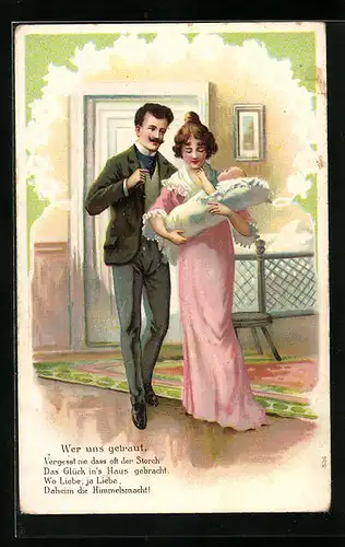 Präge-AK Wer uns getraut, Junges Ehepaar mit Baby
