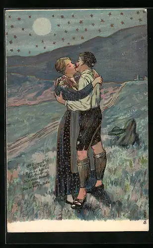 Künstler-AK Liebespaar in Tracht küsst sich bei Vollmond in den Bergen