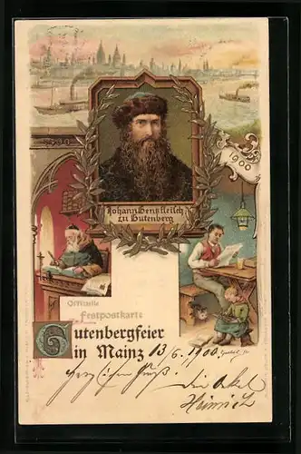 Lithographie Gutenbergfeier in Mainz 1900 - Portrait Gutenbergs, Schreibender Mönch, Zeitungsleser