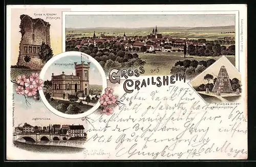 Lithographie Crailsheim, Jagstbrücke, Ruine Kloster Anhausen, Ortsansicht