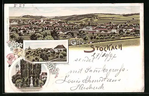Lithographie Stockach, Nellenburg, Ortsansicht aus der Vogelschau