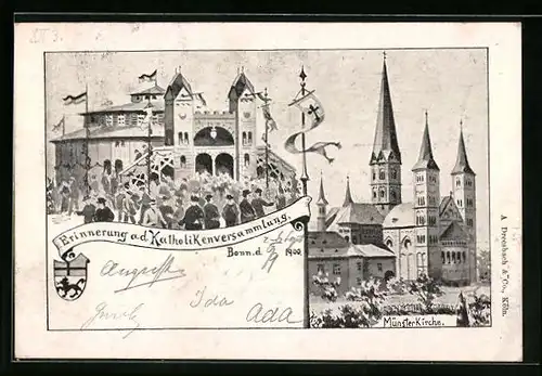 AK Bonn, Festpostkarte Katholikenversammlung 1900 mit Münsterkirche