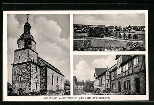 AK Waltersbrück, Dorfstrasse mit Geschäft Karl Otto, Kirche, Gesamtansicht