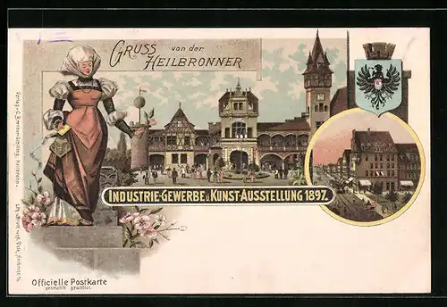 Lithographie Heilbronn, Industrie-Gewerbe u. Kunst-Ausstellung 1897 - Frau in Tracht, Ausstellungsort, Wappen