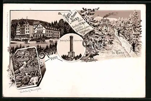 Lithographie Sand /Baden, Hotel Pension Sand, Gertelbach-Wasserfälle, Friedrich-Thurm auf der Badener Höhe