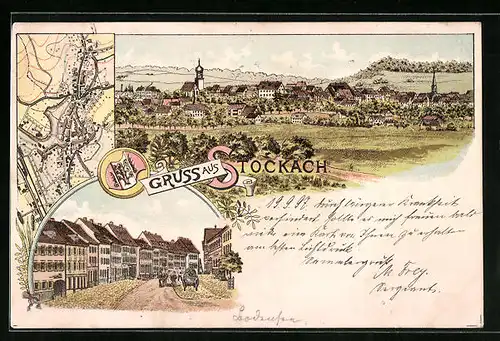 Lithographie Stockach, Gesamtansicht, Strassenpartie, Flurplan