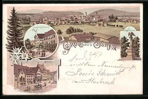 Lithographie Isny i. A., Marktplatz, Schloss, Gesamtansicht