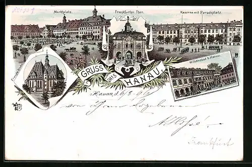 Lithographie Hanau, Kaserne, Marktplatz, Frankfurter Thor