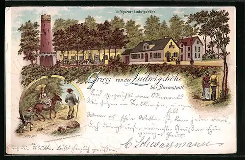 Lithographie Ludwigshöhe bei Darmstadt, Gasthaus Ludwigshöhe, Frau reitet auf einem Maultier