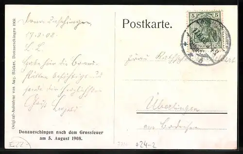 AK Donaueschingen, Zerstörte Ortspartie nach dem Grossfeuer 1908
