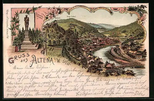 Lithographie Altena i /W., Teilansicht mit Schloss u. Krieger-Denkmal, Bismarck-Denkmal