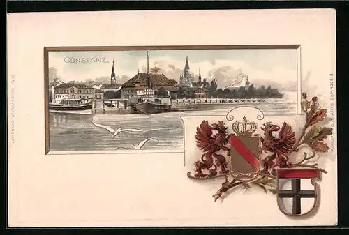 Passepartout-Lithographie Konstanz, Uferpartie mit Dampfboot, Wappen