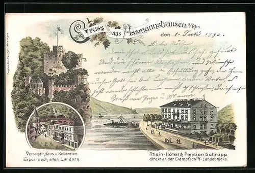Lithographie Assmannshausen a. /Rhn., Rhein-Hôtel & Pension Schrupp and er Dampfschiff-Landebrücke, Burg