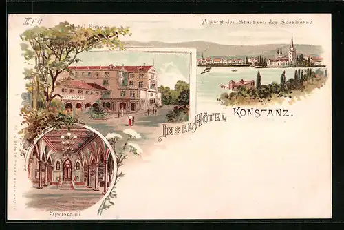 Lithographie Konstanz, Insel-Hotel, Inneres Speisesaal, Teilansicht von der Seestrasse