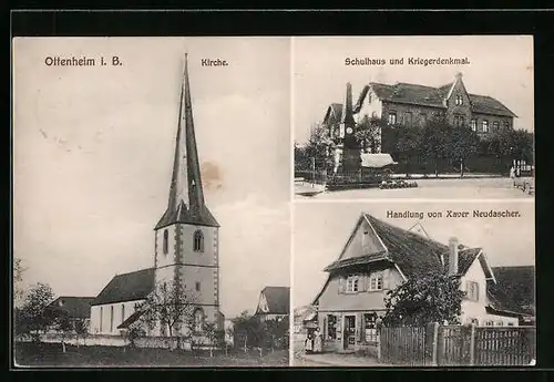 AK Ottenheim i. B., Handlung v. Xaver Neudascher, Kirche, Schulhaus