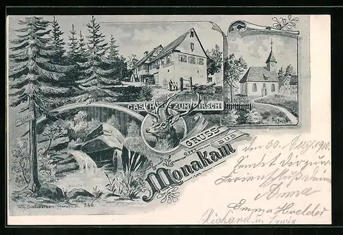 AK Monakam, Gasthaus zum Hirsch, Kirche