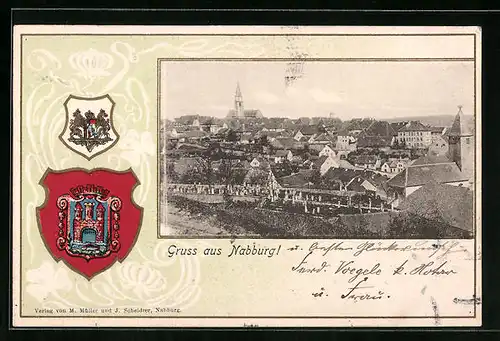 Passepartout-Lithographie Nabburg, Totalansicht mit Kirchen, Wappen