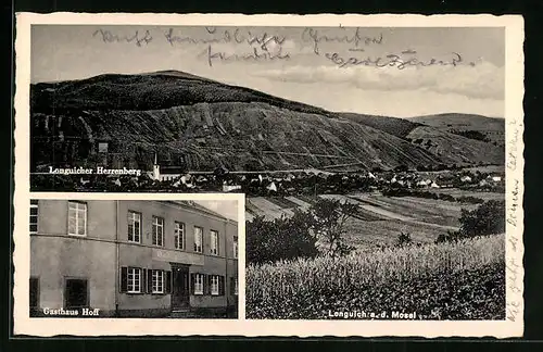 AK Longuich /Mosel, Gasthaus Hoff, Totalansicht mit Herrenberg