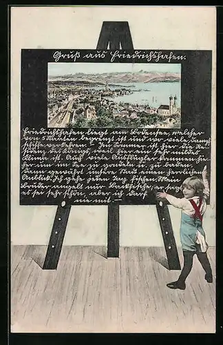 Schultafel-AK Friedrichshafen, Totalansicht mit Gebirge und Bodensee
