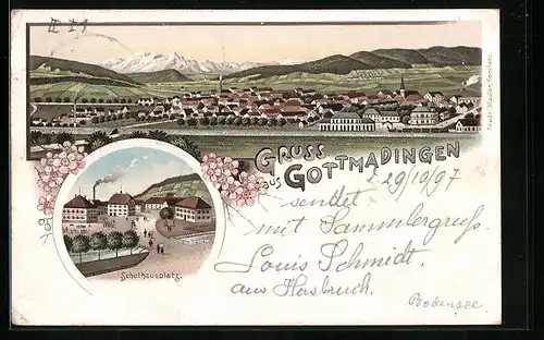 Lithographie Gottmadingen, Strassenpartie am Schulhausplatz, Panorama