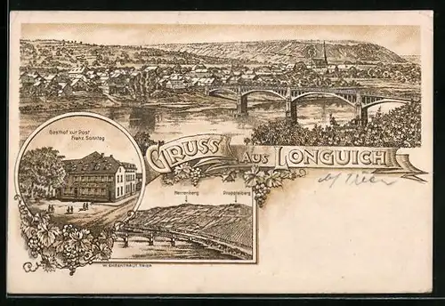 Lithographie Longuich, Gasthof zur Post, Panoramablick auf den Ort