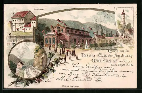 Lithographie Geislingen, Bezirks-Gewerbe-Ausstellung 1898, Ausstellungshalle, Schubarthaus