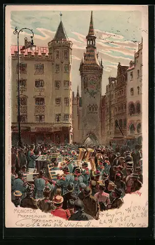 Künstler-Lithographie Paul Hey: München, Parademusik am Marienplatz